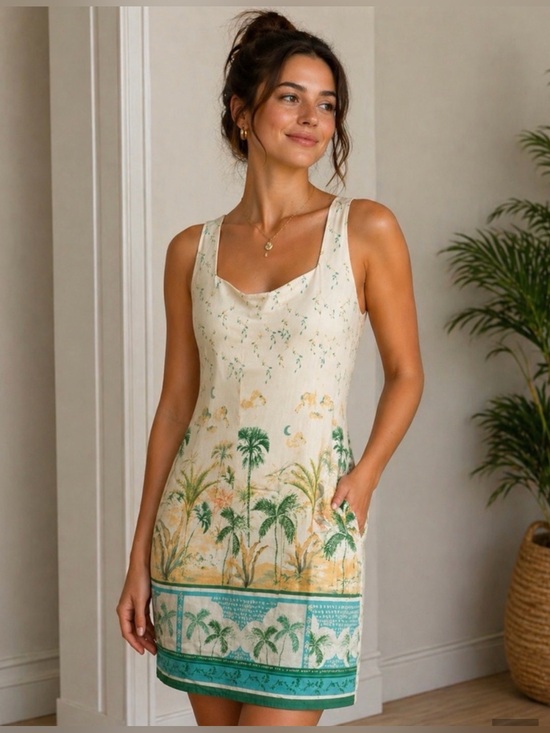 London Times Dresses & Skirts - London Times Cream Palm Tree 🌴 Print Dress With Side Zipper